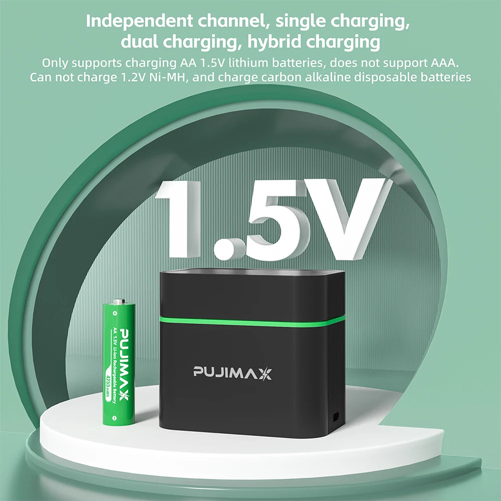 PUJIMAX 1.5V AA Rechargeable Lithium-Ion 4255mWh Batteries with Smart Charger – 2 or 4 Pack
